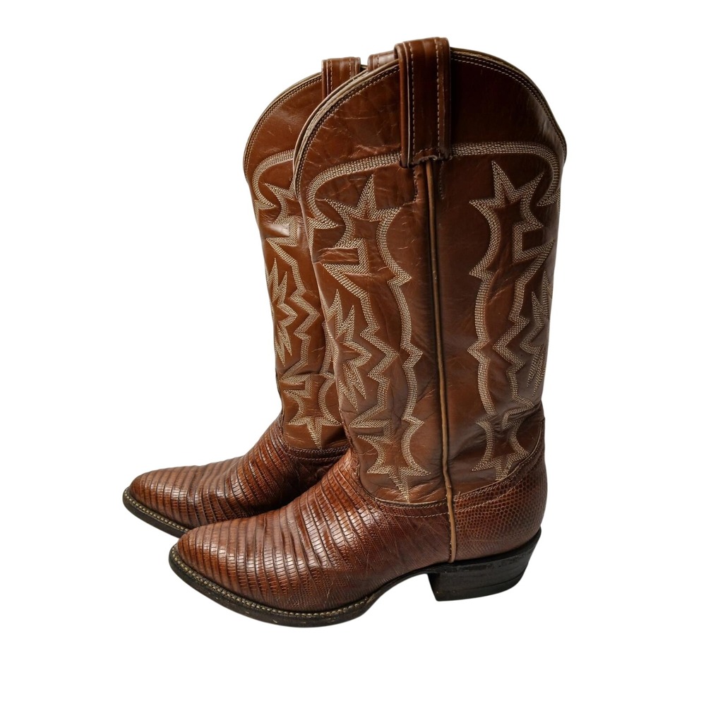 Tony Lama Mens Cognac Teju Lizard Leather 80s Western Cowboy Boots 8036 VTG 5D
